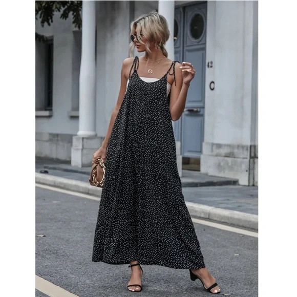 Tie Shoulder Polka Dot Black Wide Loose Fitting Jumpsuit - Picture 4 of 9